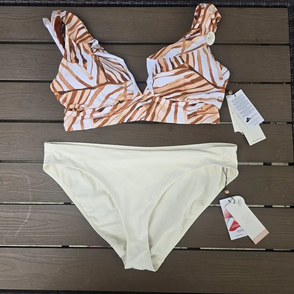 CALIA Women Patchwork Ruffle Bikini Top & Cream Low Rise Bikini Sz XL New *mark